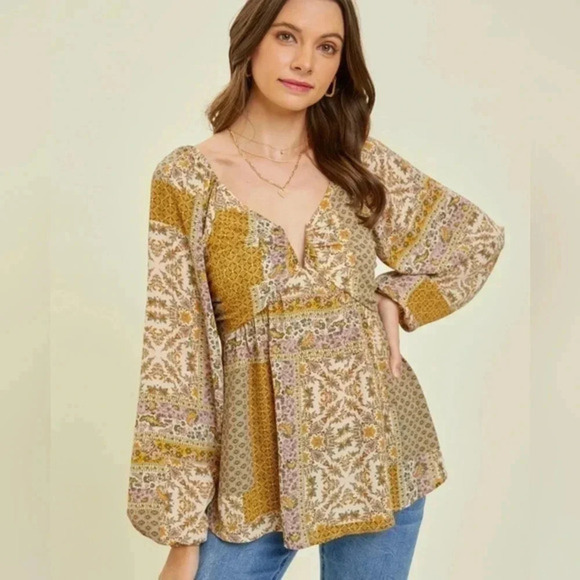 Heyson plus size boho top, split neckline, smocked back, long sleeve, NWT - Picture 1 of 6